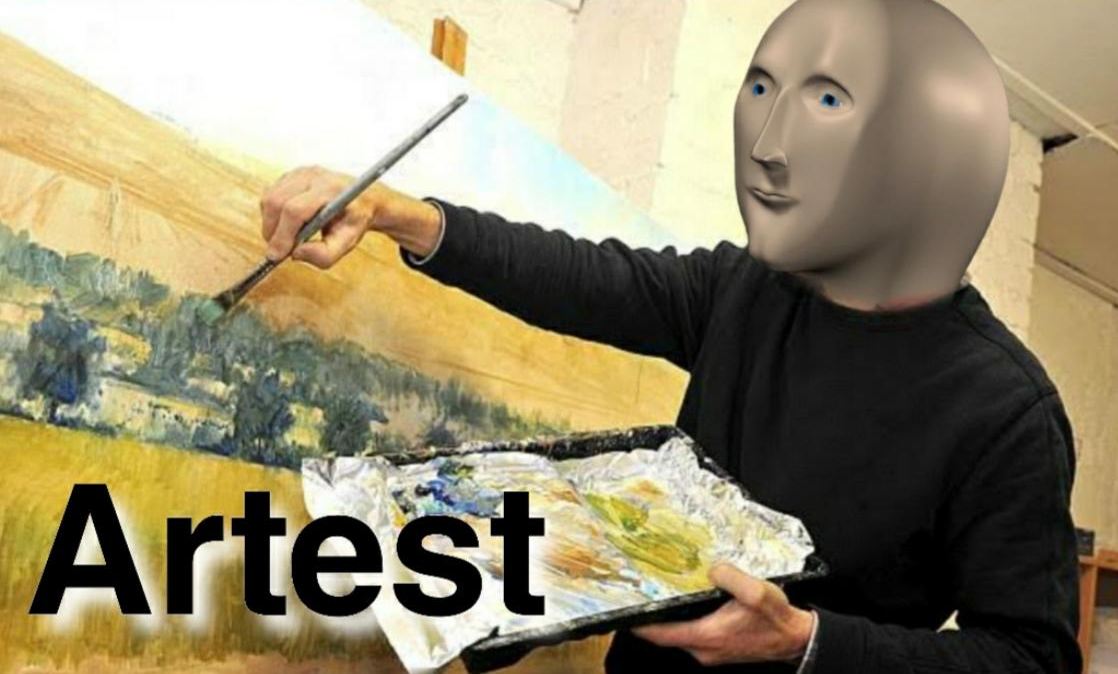 Meme Man overimposed on a person who's painting with the caption Artest